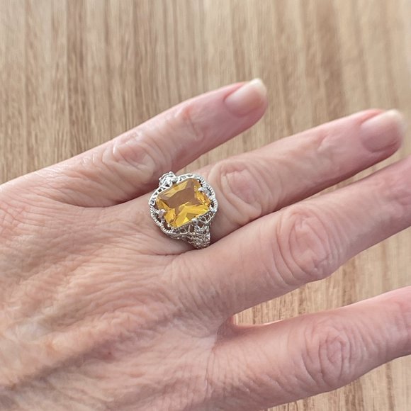 Radiant Cut Citrine Art Deco Filigree Ring - 925 Sterling Silver - Picture 4 of 5